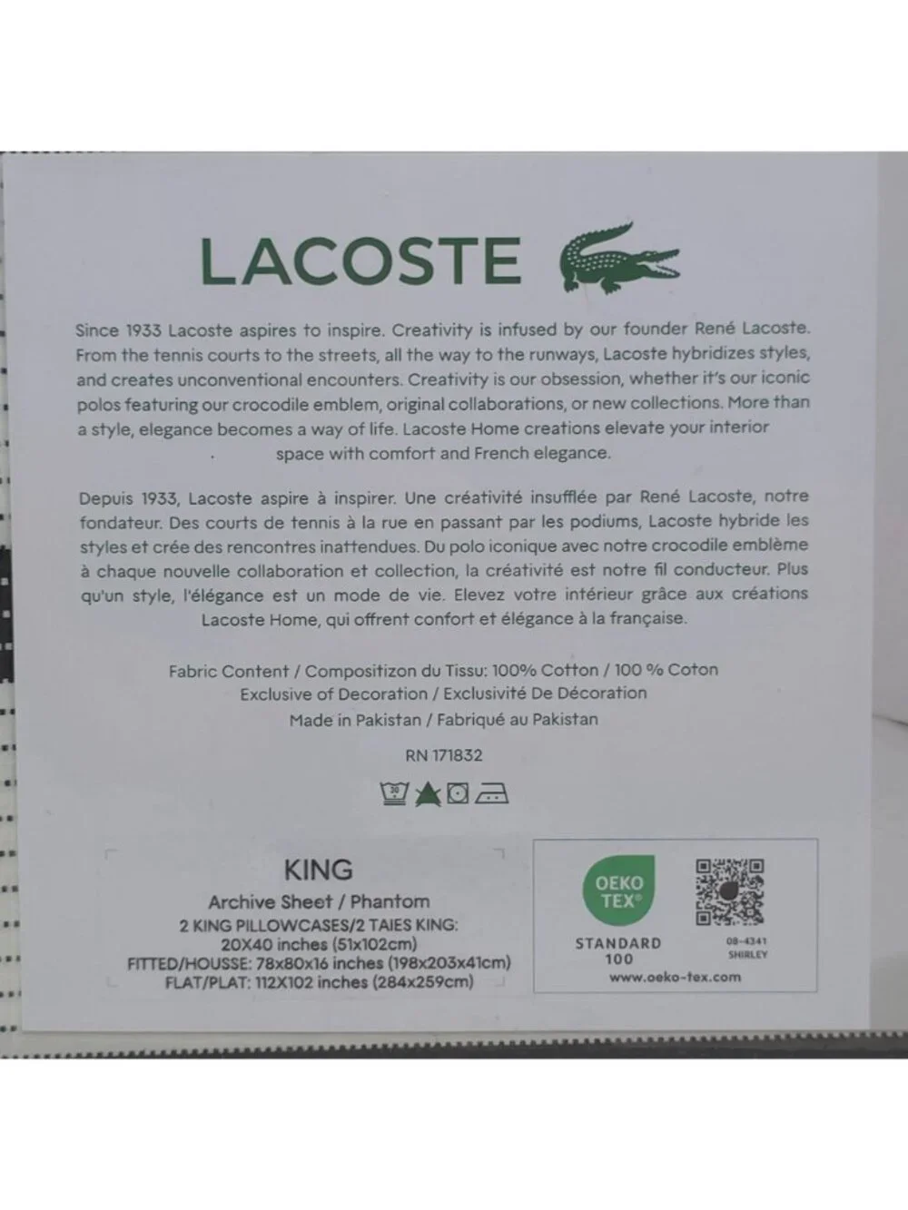 Lacoste King 4 Piece Cotton Percale Sheet Set Archive Phantom Stripe Black White